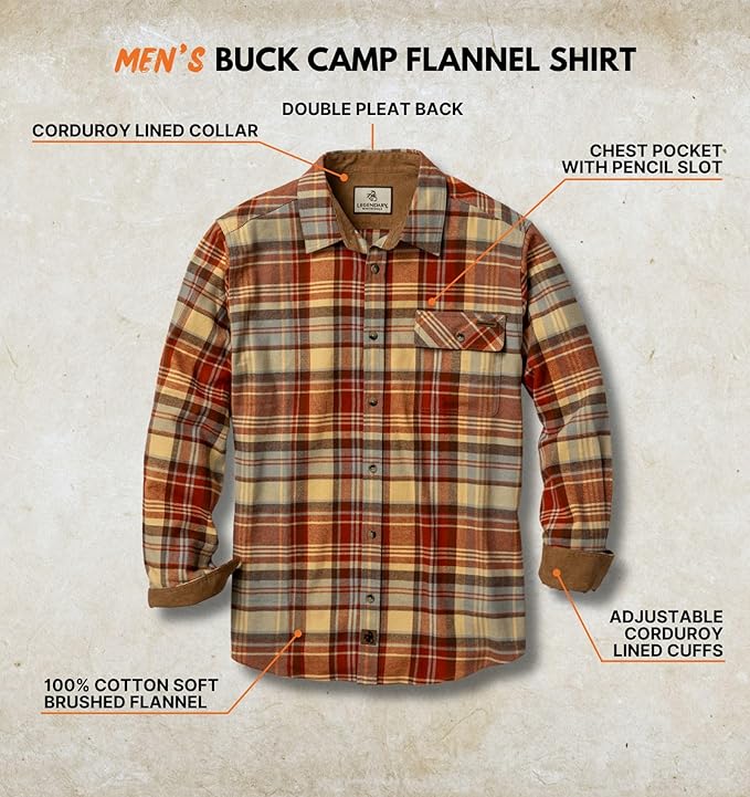 Legendary Whitetails Mens Long Sleeve Button Down 100% Cotton Flannel Shirt