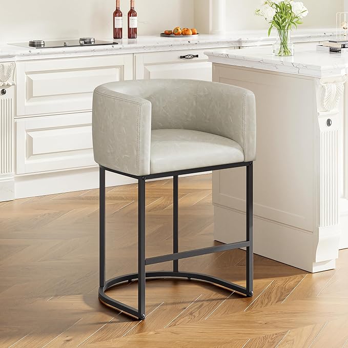 26" H Counter Height Bar Stools Set of 1, Modern Barrel Counter Stools with Backrest and Arms, Faux Leather Upholstered Accent Barstools for Kitchen Island,Support 450 LBS (Grayish White)