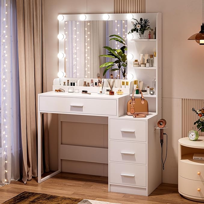KAMABOKO Vanity Desk with Lighted and Mirror, White Makeup Table with Drawers and Charging Station, 3 Model Adjustable for Bedroom & Dressing Room (038 White)