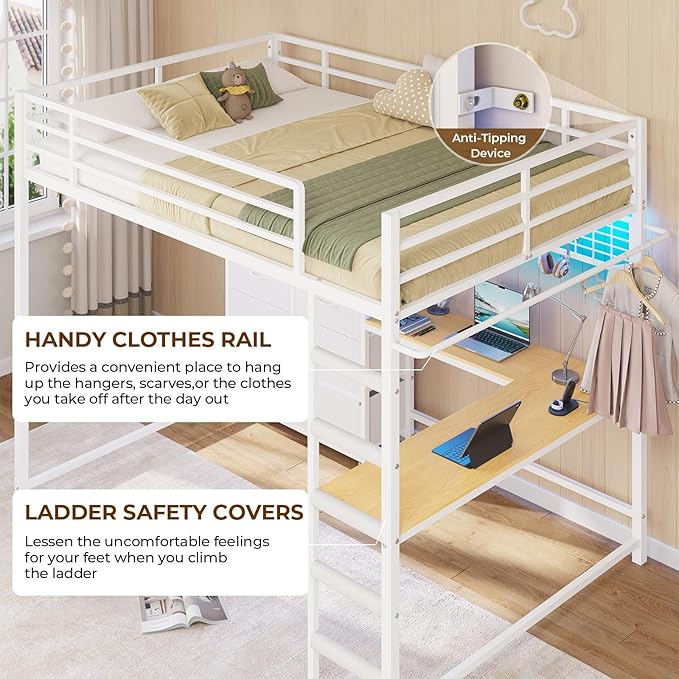 DICTAC Full Loft Bed with L-Shaped Desk and 7 Storage Drawers, Metal Full Size Loft Bed for Teen with LED Lights and Charging Station,13.11" H Safety Guardrail and Ladder,No Box Spring Needed, White