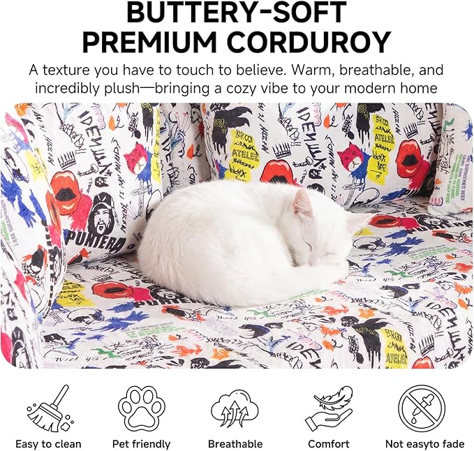 79" Convertible Boneless Couch for Small Spaces, 6-in-1 Corduroy Sofa Bed with High Backrest, Pillows, High-Density Foam Loveseat Sleeper Couch in a Box for Living Room, No Assembly, Graffiti A