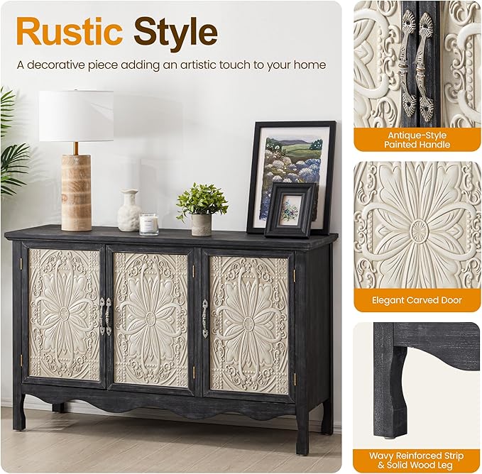 RoyalCraft Farmhouse Sideboard Buffet Cabinet with Storage, Vintage Solid Wood Credenza Buffet Table Coffee Bar Wine Bar Storage Cabinet with 3 Doors for Dining Room Living Room Hallway, Retro Black