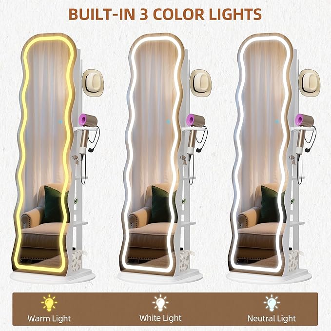 Vlsrka LED Mirror Jewelry Cabinet Standing, 360° Swivel Jewelry Aromire Organizer with Wavy Mirror, Lockable Jewelry Mirror with Storage, Jewelry Cabinet, Interior Mirror, Foldable Shelf (LED White)