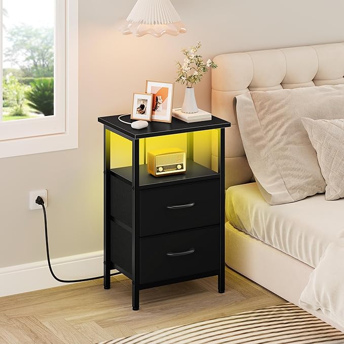 Vagusicc NightStand with Charger Station, LED Night Stand with 2 Fabric Drawers & Storage Shelf, Small Nightstands Bedside Table with USB Ports & Outlets, 24.2" Tall Bed Side Tables for Bedroom, Black