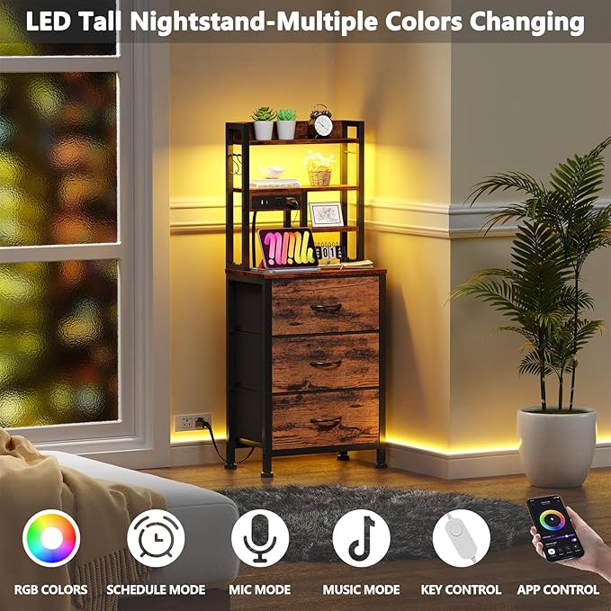 Furnulem Tall Night Stand with LED & USB Ports, 45.3inch Nightstand with Open Bookshelf, Bedside Table with 3 Fabric Drawers for Bedroom/Dorm/Office, Rustic Brown Wood-Metal Frame