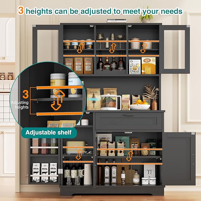 Vongrasig Tall Pantry Cabinet, Kitchen Storage Cabinet with Display Door,Farmhouse Kitchen Hutch with Adjustable Shelves for Dining Room, Black