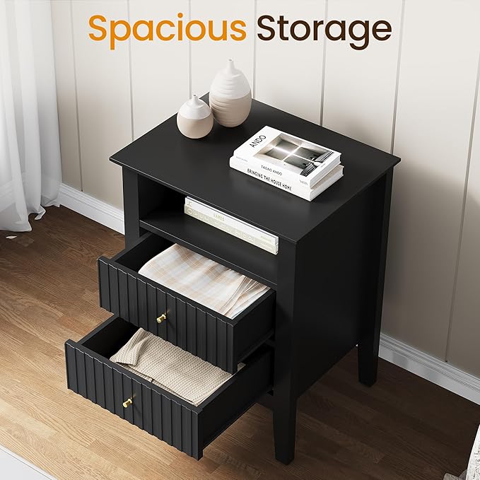 RoyalCraft Black Fluted Nightstand with 2 Drawers, Colorful Nightstand for Bedroom, Modern Wooden End Table with Storage for Small Spaces, Tall Side Sofa Table for Couch, Home Office