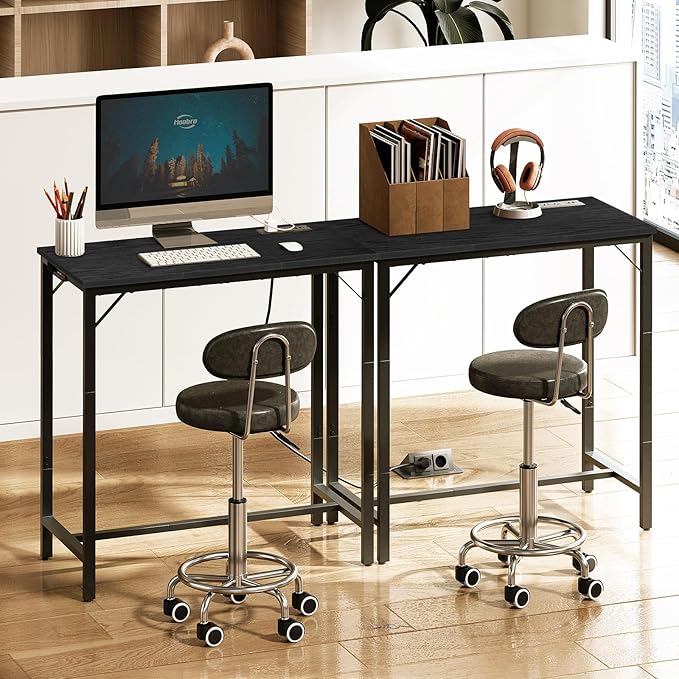 HOOBRO Bar Table with Charging Station, Rectangular Pub Table, High Top Coffee Table, Counter Bar Height Table, Narrow Long Dining Table, 35.4" L x 15.7" W x 35.6" H, Black BB90UBT01N1