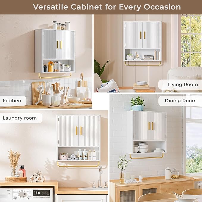 Memobarco Bathroom Wall Cabinet, Medicine Cabinet with Fluted Door & Adjustable Shelf, Over the Toilet Storage Cabinet with Towel Bar, Cabinet Wall Mount for Laundry Room & Kitchen, White