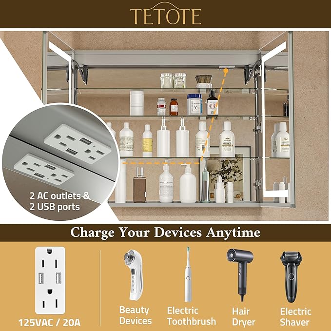 TETOTE 48 x 32 Lighted Medicine Cabinet with LED Lights, 3 Door Recessed or Wall Mount Bathroom Cabinet, Led Vanity Cabinet Mirror, Tempered Glass, Outlets & USB, Adjustable Shelf, 3-Color Lights