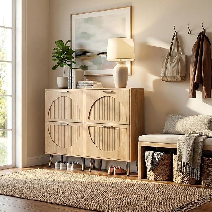 Farmhouse Shoe Cabinet Storage for Entryway, Slim Shoe Rack Cabinet with 4 Flip Drawers, Narrow Shoe Organizer Cabinet with Stylish Round Panel, Metal Leg and Handle