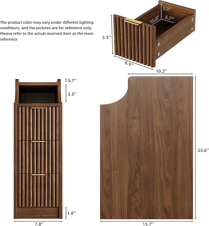 7.9" Narrow Nightstand Set of 2,23.6" Tall Fluted Bedside Table Set of 2, Slim Side End Table with 3 Drawers, Wooden Bedside Table, Mid Century Modern Night Stand for Bedroom Livingroom Sofa Office