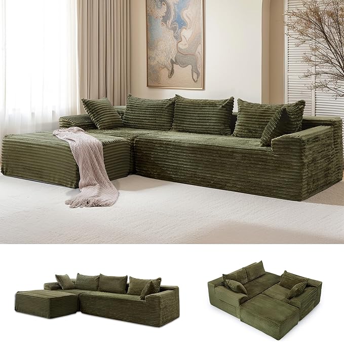 Korser 110" L-Shaped Modular Sectional Sofa with Chaise, Boneless Comfy Corduroy Fluffy Couch with Deep Seat and Side Pockets, Flexible Module Combination for Living Room, No Assembly, Side Pockets