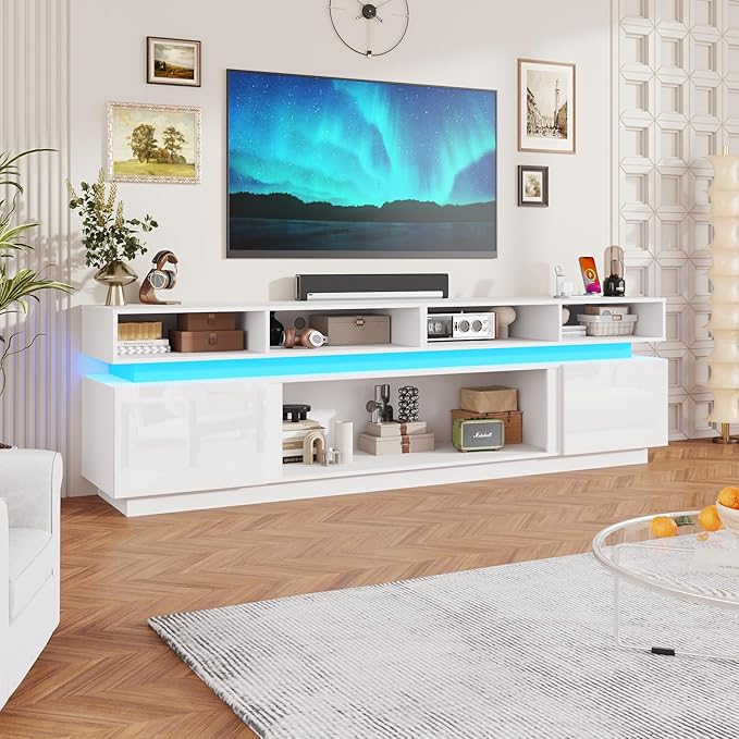 chartustriable LED TV Stand for 100 Inch TV, Modern Tall Entertainment Center with Power Outlets, High Gloss TV Stand, Gaming TV Media Console for Living Room, 93 Inch, White