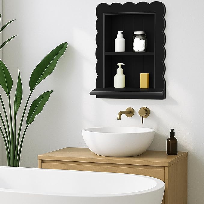 Royxen 14"x18" Recessed Medicine Cabinet, 2-Tier Wooden Bathroom Wall Cabinets Without Mirror,Scalloped Large Medicine Cabinet Niche for Bathroom Storage Organizer (Black, 14 x 18 Inch)
