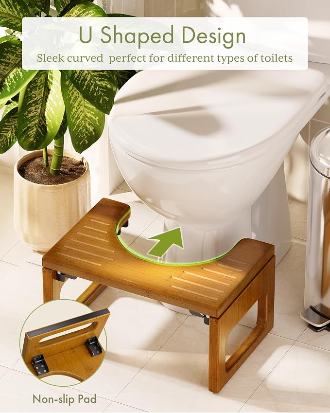 AmazerBath 8.5 Inches Bamboo Toilet Stool Squat for Adult, Foldable Squatting Potty Stool for Bathroom, 0.79" Thickness Poop Stool with Non-Slip Strip, No Assembly Required, Dark Wood Color