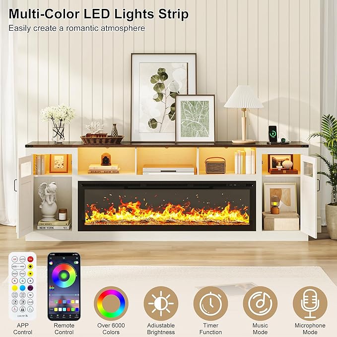 Fireplace TV Stand for 100 Inch TV, 95" Farmhouse Entertainment Center with 60" Electric Fireplace & LED Lights, Large Media Console for Living Room, Rustic Barn Doors, Power Outlets, Antique White