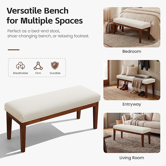 43.5" Upholstered Bedroom Bench, Linen Entryway Bench with Solid Wood Legs, End of Bed Bench with Cushion, Dining Bench for Living Room, Bedroom, Hallway, Beige