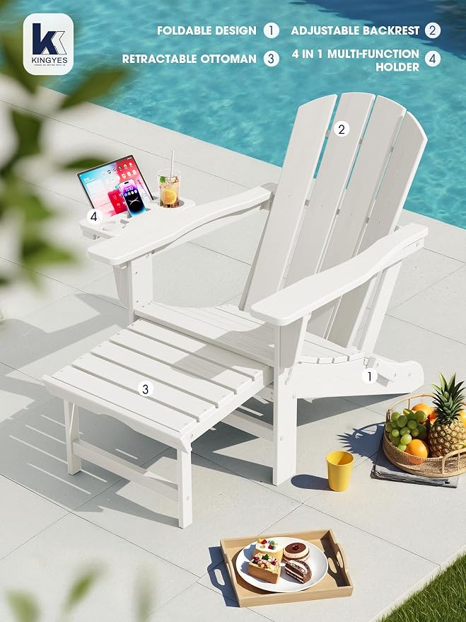 KINGYES Adjustable Folding Adirondack Chair with Footrest & 4-in-1 Multi-Functional Armrest Organizer, HDPE Recliner Adirondack Chair with Pull-Out Ottoman, White