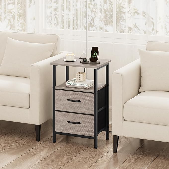 Vagusicc Night Stand Set 2, Nightstand with Charging Station, Bedside Tables with USB Ports and Outlets, 24.2" Tall End Table with Open Shelf, Bed Side Tables with 2 Fabric Drawers for Bedroom, Greige