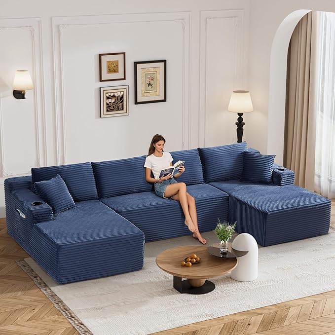 133" Oversized Cloud Boneless Sofa Couch with Chaise, Modern Corduroy U Shaped Modular Sectional Sofa with Deep Seat, Comfy Couch with Cupholders and Storage, No Assembly Required-Blue