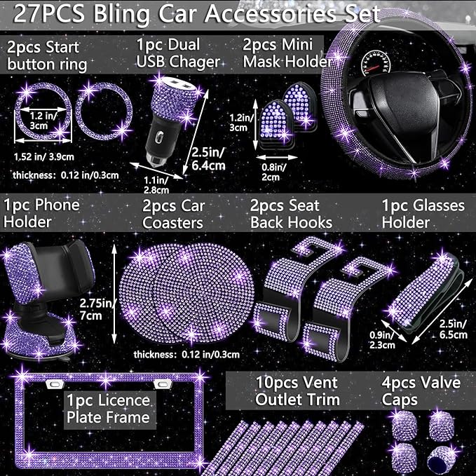 NBTEPEM 27 PCs Purple Violet Bling Car Accessories Set for Women, Steering Wheel Covers Universal Fit 15 Inch, Bling License Plate Frame, Bling Phone Holder, Bling Car Coasters