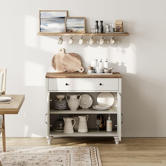 WAMPAT 34’‘ White Buffet Cabinet with Doors and Drawer, Wood Kitchen Storage Cabinet Modern Farmhouse Coffee Bar Table Sideboard Credenza for Dining Room