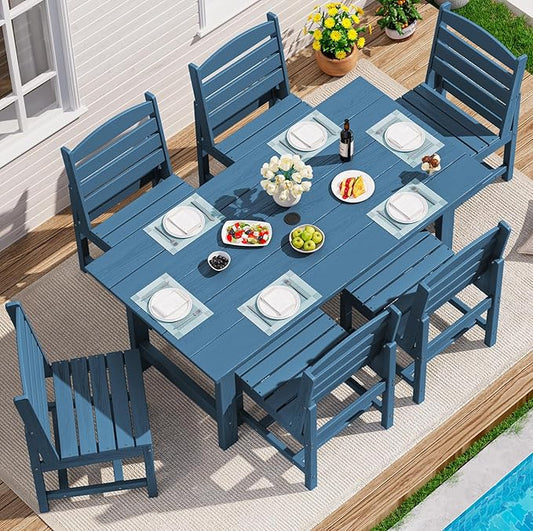 SERWALL Patio Dining Sets for 6 Person, HDPE Dining Set with 6 Armless Chairs, Blue
