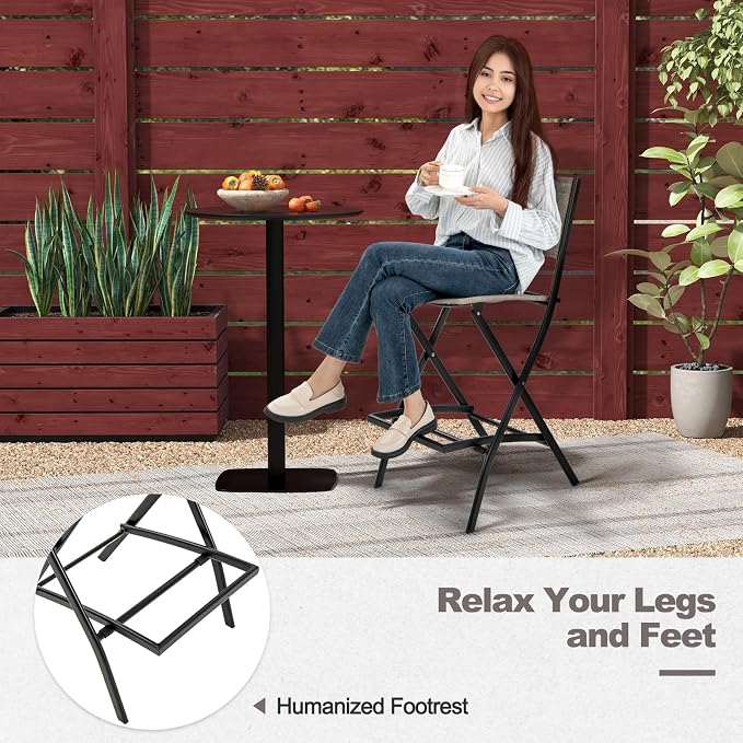 Giantex Folding Patio Bar Chairs Set of 4, Outdoor Counter Height Bar Stools with Footrest & Back, All-Weather Resistant, Metal Frame, for Porch Deck Lawn Garden, Light Brown