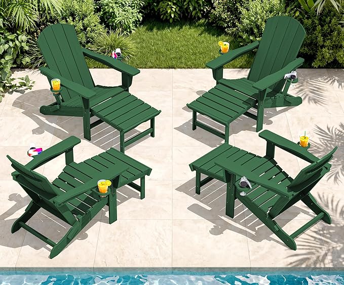SERWALL Folding Adjustable Adirondack Chairs with Footrest Set of 4, HDPE Outdoor Chair with Dual Cup Holders, All Weather Adirondack Chair with Ottoman, Green