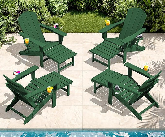 SERWALL Folding Adjustable Adirondack Chairs with Footrest Set of 4, HDPE Outdoor Chair with Dual Cup Holders, All Weather Adirondack Chair with Ottoman, Green
