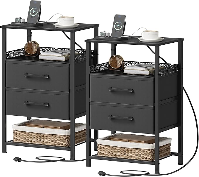 JARHETUN Nightstand Set of 2, Night Stands with Charging Station, 26.4 Inch Tall Bedside Table with Metal Shelf, Side Table with 2 Fabirc Drawers for Bedroom, Black