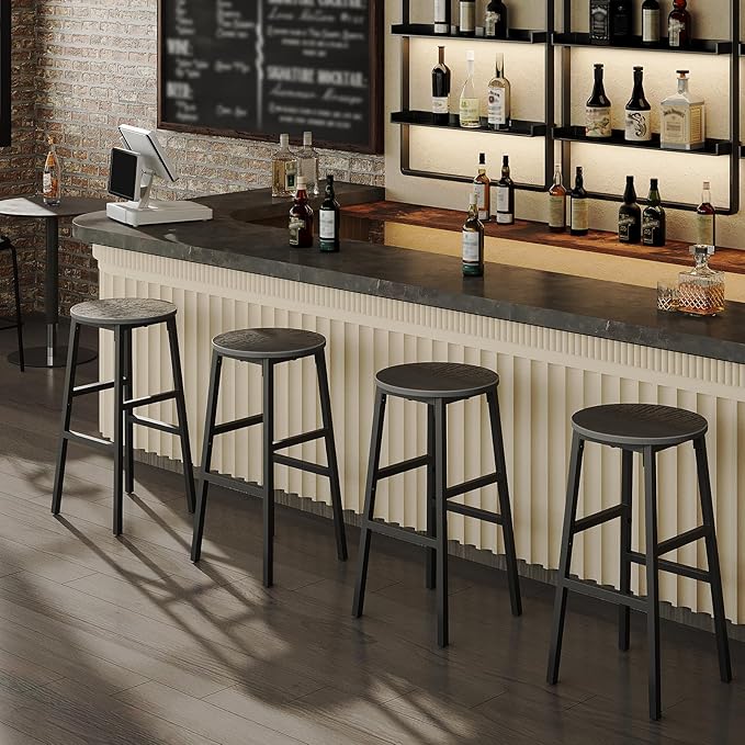 MAHANCRIS Bar Stools, Set of 2 Round Bar Chairs with Footrest, 24.4 Inch Kitchen Breakfast Bar Stools, Industrial Bar Stools, Easy Assembly, for Dining Room, Kitchen, Black BAHB0201