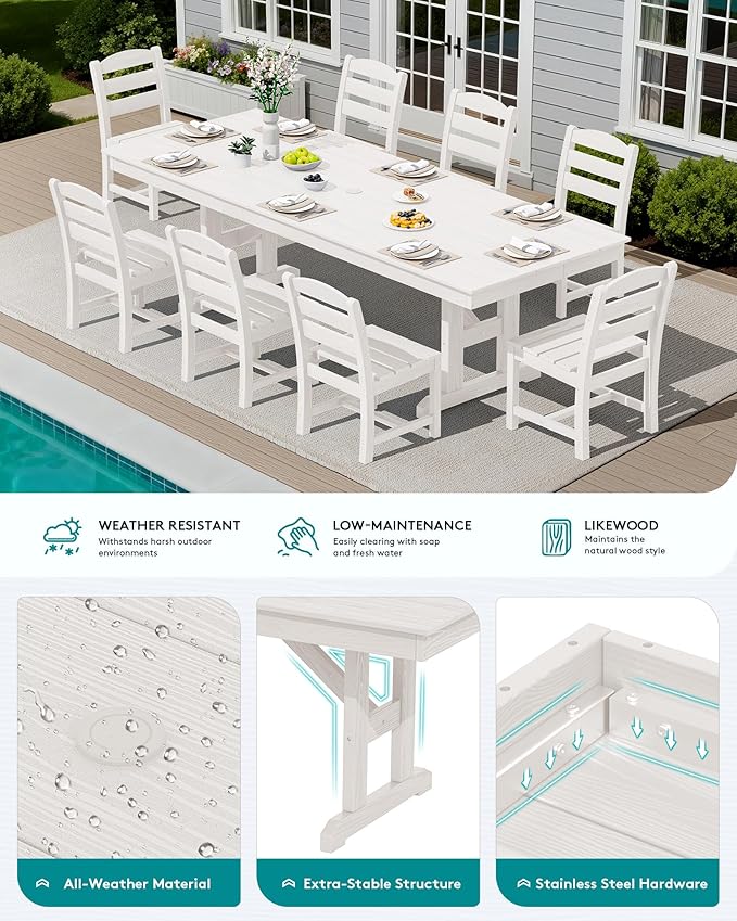 SERWALL 9 Piece Outdoor Dining Set, 84" HDPE Outdoor Table and Armless Chairs Set for 8，All Weather Patio Furniture Set with Umbrella Hole for Backyard, Garden, White
