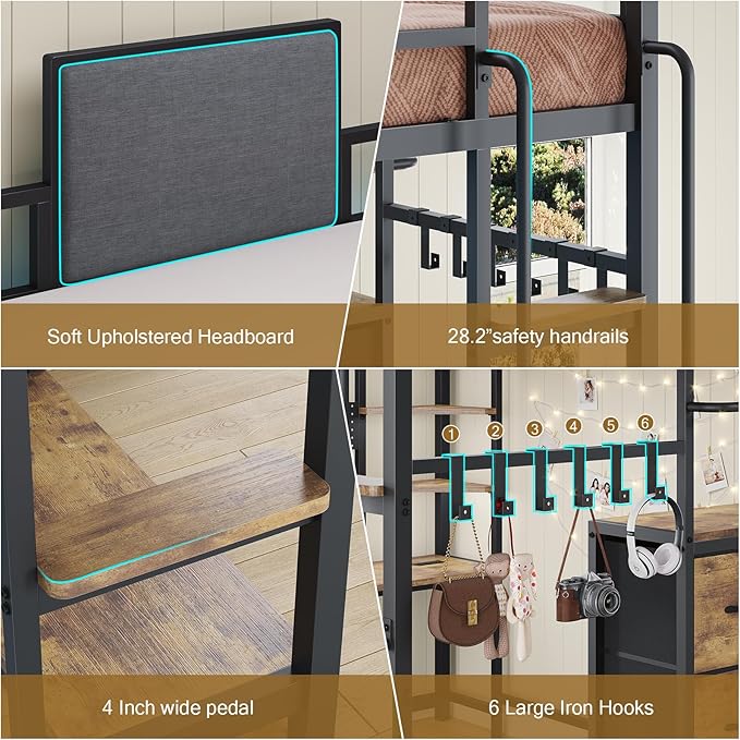 BYSAUD Loft Bed Full Size, Loft Bed with Desk, Bunk Bed with Desk, 6 Storage Drawers & 4 Open Shelves & 2 Storage Bags, LED Lights & Charging Station, Safety Guardrail, No Box Spring Needed, Brown