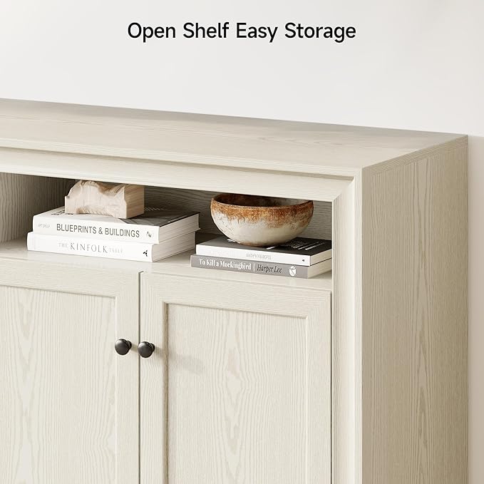 ONBRILL 60 Inches Sideboard Buffet Cabinet with Storage, 4 Doors Large Sideboard, Kitchen Cabinet with Open Shelf & Adjustable Shelf, Kitchen Coffee Bar Console Table for Living Room, Hallway, White