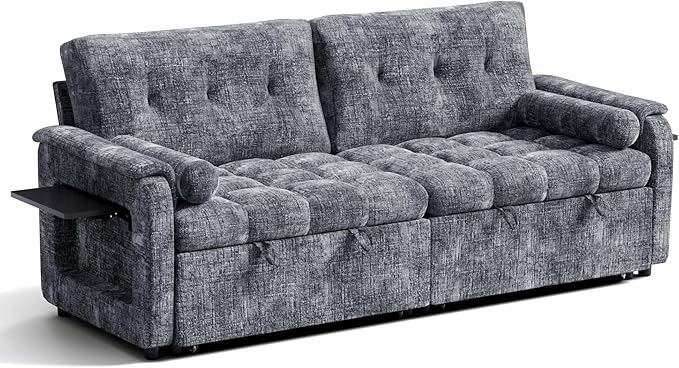 Convertible Sleeper Sofa Bed, 86 Inch Chenille Pull Out Couch with Side Table & Adjustable Backrest, Sectional Sleeper Sofa with Pull Out Bed for Living Room, Apartment, Gray