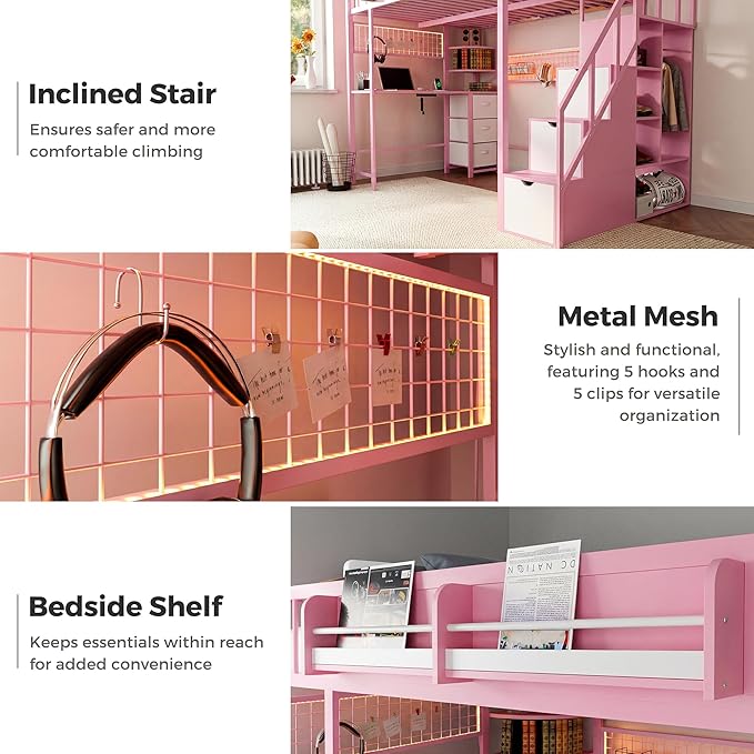 Kikihouse Full Size Loft Bed with Desk and Stairs, Headboard, Wardrobe, Bedside Storage Shelf, 6 Drawers, Charging Station & LED Light, Metal Gaming Loft Bed Frame for Adult Space-Saving