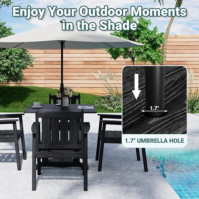 Pamapic 5 PCS Outdoor Dining Set, Spacious HDPE Outdoor Table and Chairs, Wood Grain Patio Furniture Sets with Elegant Armrest, All-Weather Patio Dining Table with Umbrella Hole, Black