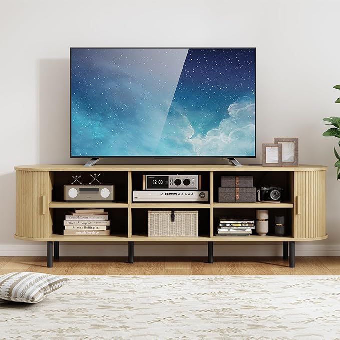 70.8" TV Stand with Power Outlet, Mid-Century Modern Television Stand, Fluted Media Console with Sliding Doors, Entertainment Center for TVs up to 60 Inch, Adjustable Shelves, Oak