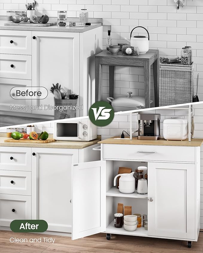 CHOEZON Kitchen Island, Kitchen Island Cart with One Double Cabinet and Drawer, Rolling Storage Cart with Power Strip, with Drop Leaf, for Kitchen, Living Room, White and Natural MZD01UWNN1