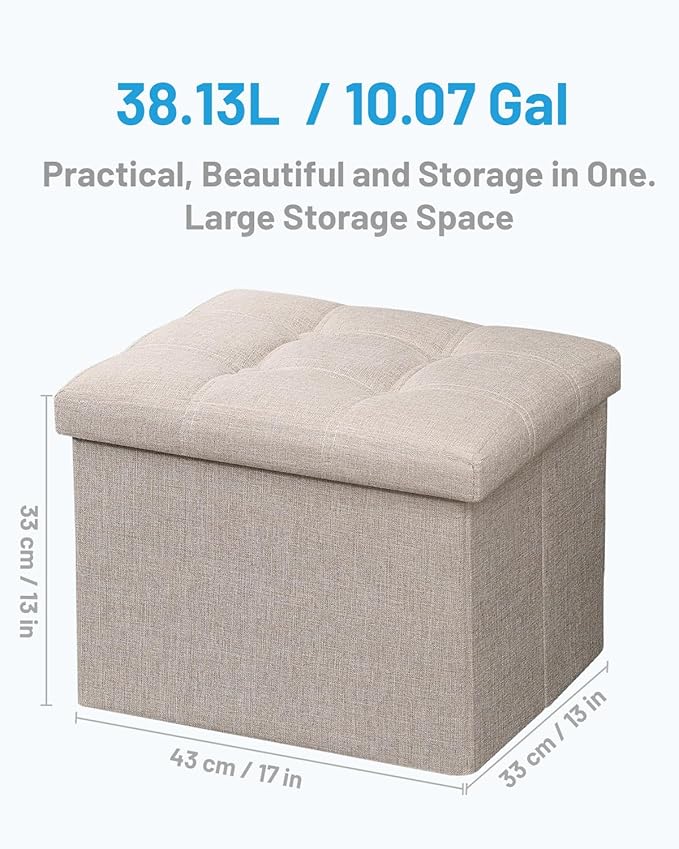 AmasSmile 2PC Ottoman Storage Footrest, 17 inch, Beige, Linen Fabric, Foldable, 43L Hidden Storage Space
