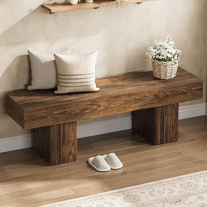 Tribesigns 55" Entryway Bench, Farmhouse Dining Bench with Broad Legs for Bedroom, Kitchen, Hallway, Rustic Brown