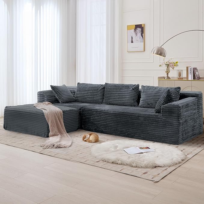 Korser 110" L-Shaped Modular Sectional Sofa with Chaise, Boneless Comfy Corduroy Fluffy Couch with Deep Seat and Side Pockets, Flexible Module Combination for Living Room, No Assembly, Side Pockets