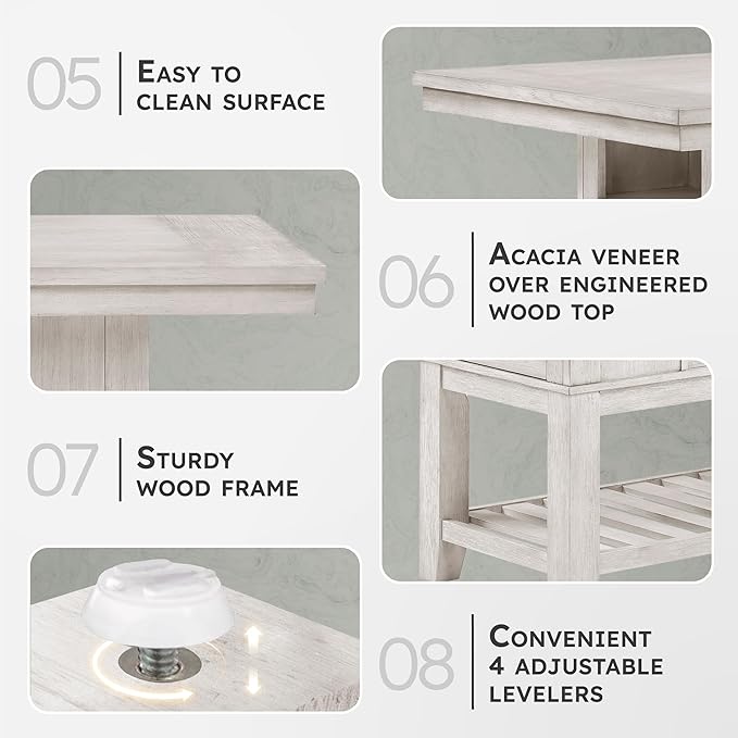 Lexicon 60" Farmhouse Counter Height Dining Table for 6, Solid Wood Frame Acacia Veneer Rectangular Dining Table with Wine Storage, Drawers, and Open Shelves, Brushed Antique White