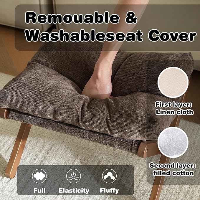 Baveke Ottoman Foot Rest- Bamboo Foldable Stool, Foot Stools Small Ottman with Upholstered & X Legs, Folding Stool for Makeup, Bedroom and Living Room, FSC-Certified (Small Brown)