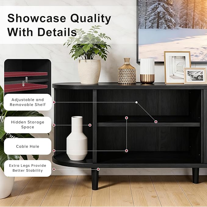 80" Mid Century Modern TV Stand, Wood TV Consoles with Sliding Doors and Power Outlet, Fluted Entertainment Center with Adjustable Shelves, Media Console for Living Room, Black