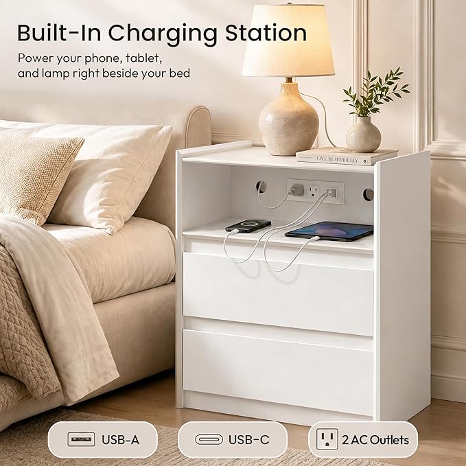 24" Tall Nightstand with Charging Station Including USB-C, Modern Bedside Table and Sofa End Table - White, 2 Drawers, Set of 2