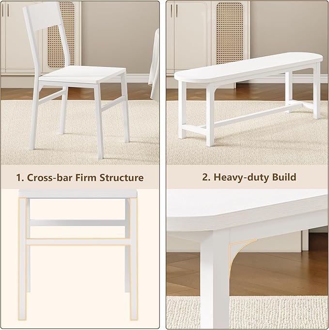 Feonase Dining Chairs and Benches Set of 4, Modern Dining Room Chairs with Ergonomic Backrest, Wood Structure & Metal Legs, for Kitchen, Dining Room, Space-Saving, Easy to Assemble & Clean, White