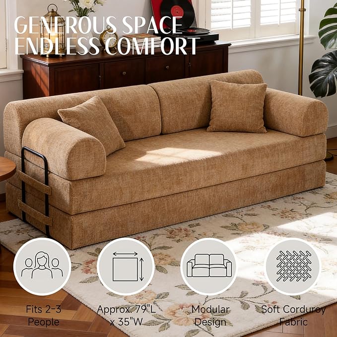 78.8" Convertible Sofa Bed with Removable Arm & 2 Pillows, 6-in-1 Corduroy Boneless Couch for Living Room, High-Density Sponge Sectional Couches, Sleeper Bed Loveseat, No Assembly, Ochre